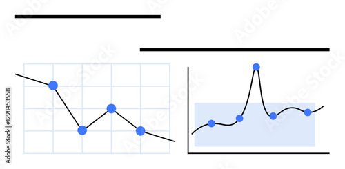 Two line graphs feature data points on grids. One trend declines the other peaks. Ideal for business analysis, contrast, economics, education, trends, statistics. Line metaphor