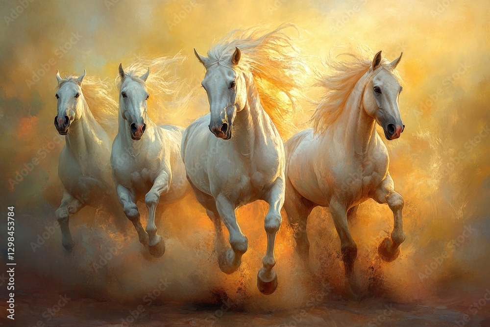 Fototapeta premium White horses running in golden light