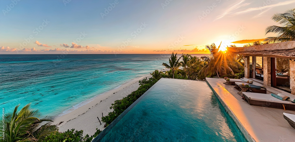 Fototapeta premium Sunset over turquoise waters and white beaches creates magic.