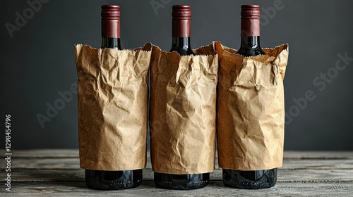 Three wine bottles are elegantly wrapped in brown paper bags, standing on rustic wooden table against dark background, creating mysterious and sophisticated atmosphere
