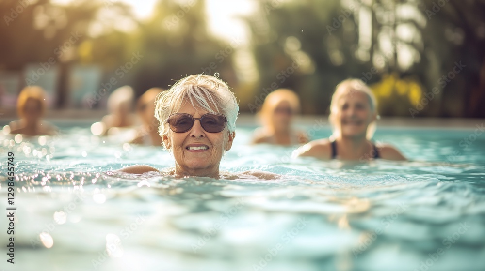 Obraz premium An older woman in a swimming pool. Senior aging woman doing active water aerobics. A woman is enjoying the fun of exercising outdoors with her long-term female companion. A mature lifestyle woman in.