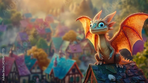 Adorable baby dragon perched on a rooftop, overlooking a colorful fantasy village at sunset