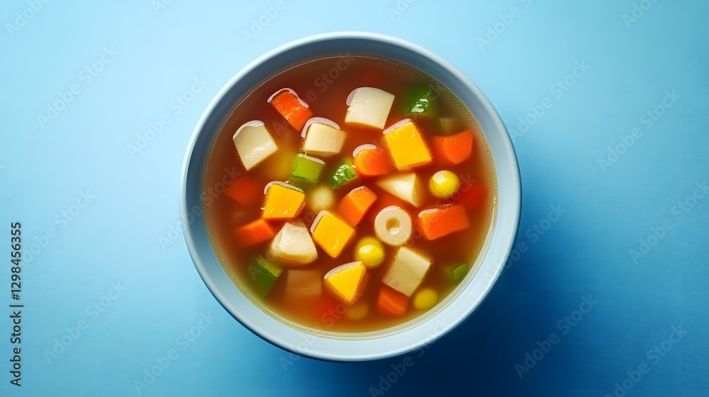 Colorful Instant Soup Bowl with Vegetables and Broth on Blue Surface Colorful Instant Soup Bowl with Vegetables and Broth on Blue Surface
