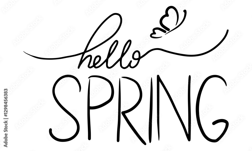 Hello spring hand drawn lettering. Modern black vector brush calligraphy banner with swashes. Text design for holiday greeting card, banner and invitation on transparent background