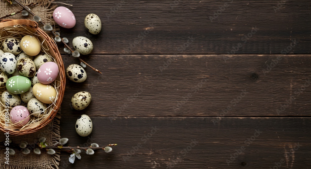 Easter eggs in wicker basket with willow twigs on rustic wooden background. Spring holiday celebration. Festive decoration with copy space for Easter greeting card Easter eggs in wicker basket with willow twigs on rustic wooden background. Spring holiday celebration. Festive decoration with copy space for Easter greeting card
