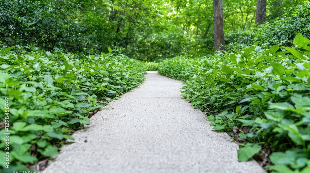 Light gray path winds through lush green foliage Light gray path winds through lush green foliage