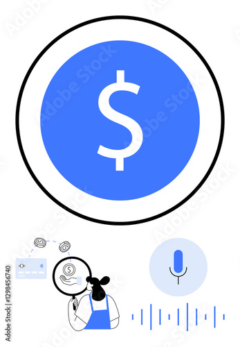 Woman with magnifying glass investigating dollar symbol, connected to voice recognition and blockchain transactions. Ideal for finance, economy, digital transactions, analysis, cryptocurrency
