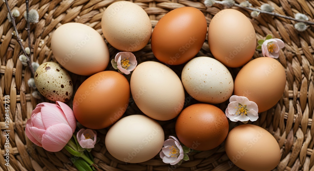 Fresh farm eggs in wicker basket with spring flowers. Easter, Passover, and brunch concept. Organic food, natural ingredients for baking and cooking. Top view. Fresh farm eggs in wicker basket with spring flowers. Easter, Passover, and brunch concept. Organic food, natural ingredients for baking and cooking. Top view.