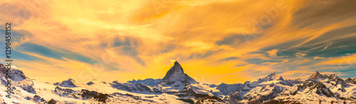 Panoramic mountain landscape of the Matterhorn peak , Zermatt Switzerland.