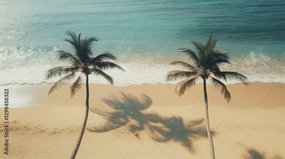 Obraz premium Tropical Beach at Sunrise with Palm Tree Shadows on Sand