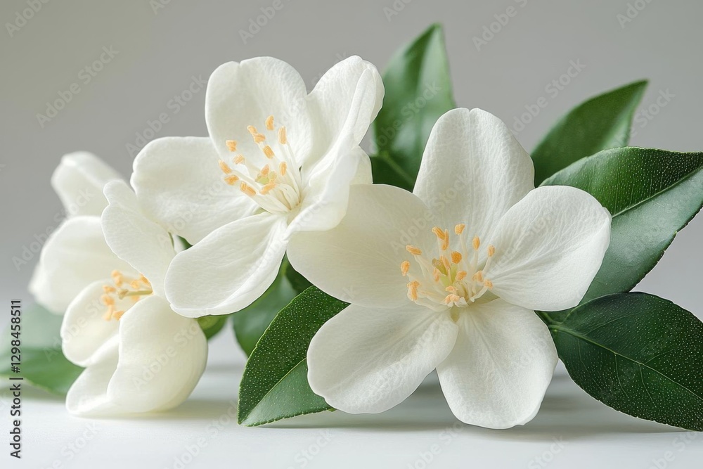 Fototapeta premium White Lemon Blossom with Green Leaves Isolated on White Background