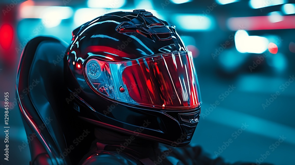 Motorcycle Helmet Close Up with Red Visor in City Night Motorcycle Helmet Close Up with Red Visor in City Night