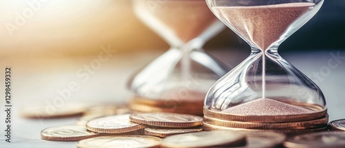 Hourglass and Coins Symbolic of Time and Money