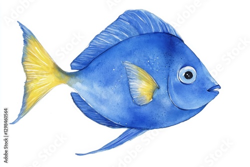 Blue Tang Watercolor Illustration - Vibrant watercolor painting of a blue tang fish with yellow tail, isolated on white background. Perfect for marine life, ocean, or tropical themes photo