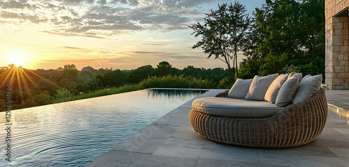 Lush sunset, rattan seating by the sparkling pool offers tranquility.