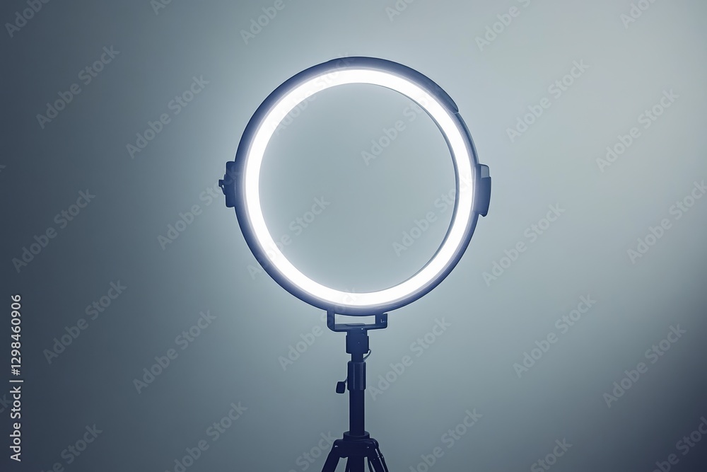 Fototapeta premium Circular LED Light on Tripod Stand - Modern lighting equipment, perfect for , videography, or live streaming. Symbolizes: creativity, illumination, technology, broadcasting, and professionalism