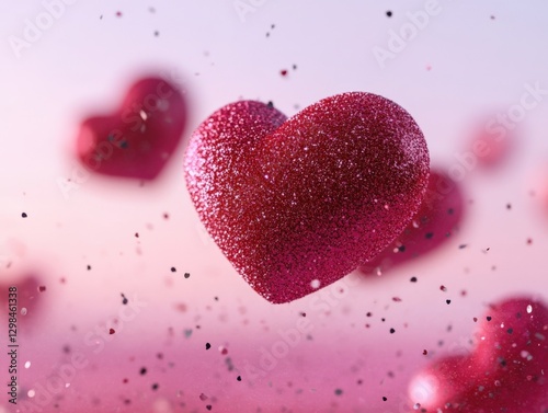 Sparkly Red hearts floating with glitter background.