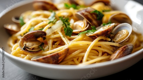 Spaghetti alle vongole in white bowl
