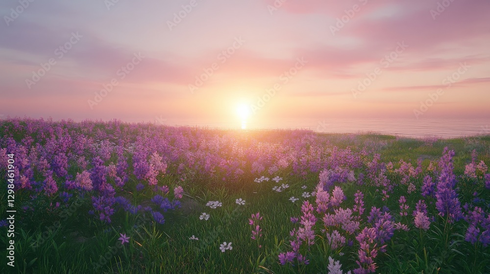Naklejka premium Wildflowers Swaying Gently at Sunrise with Soft Pink and Orange Glow