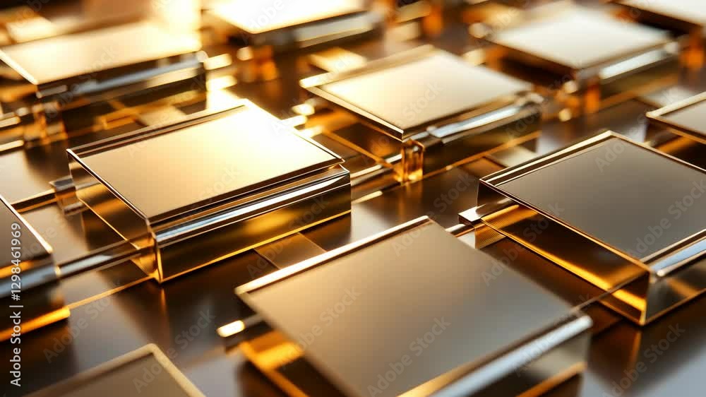 Golden reflective squares arranged in a pattern creating a modern, abstract design Golden reflective squares arranged in a pattern creating a modern, abstract design