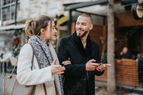 A friendly interaction between two people conversing outdoors, highlighting lively social connections and urban life.