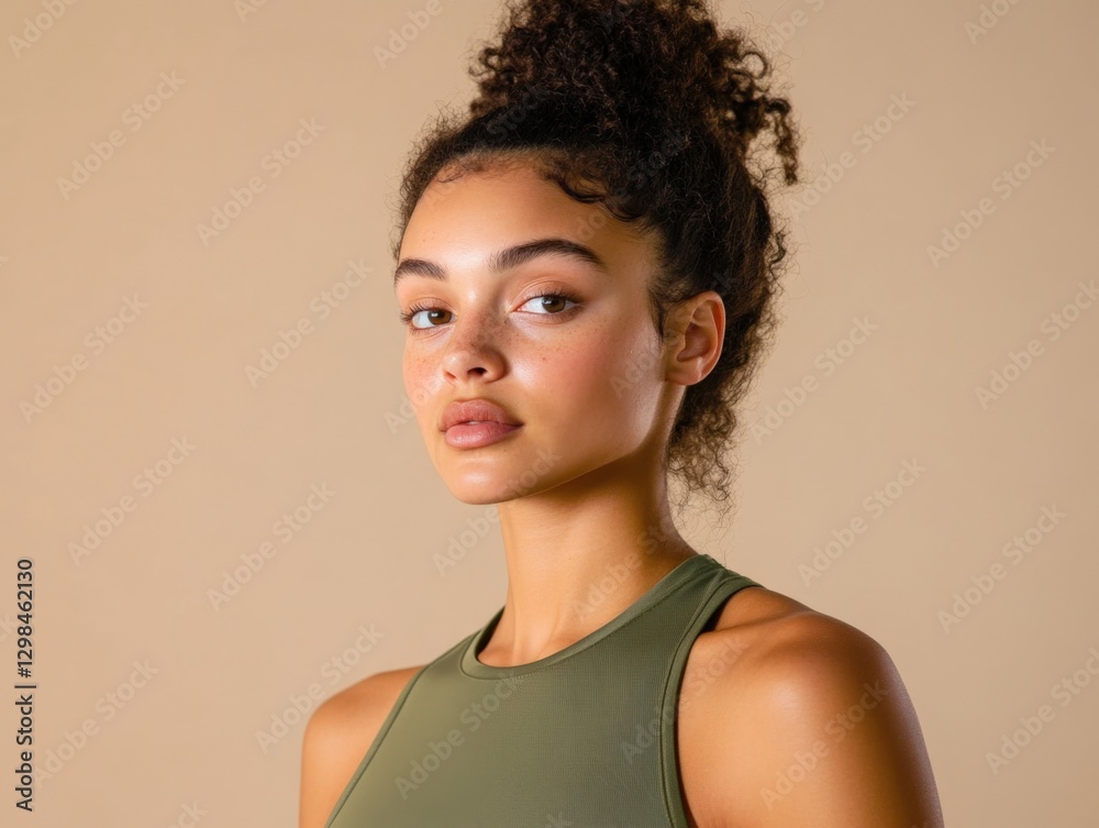 Portrait of a Woman with Freckles in Olive Green Top Portrait of a Woman with Freckles in Olive Green Top
