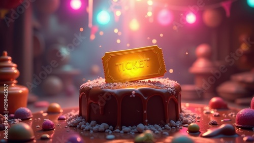 Golden ticket, A glowing golden ticket atop a chocolate fountain under soft multi-colored lights in a bright fantasy setting photo