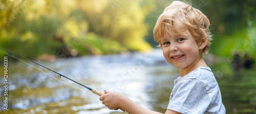 Young Boy Enjoys a Sunny Day Fishing in the River, Casting a Line into the Flowing Water photo