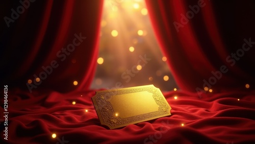 Golden ticket, Glowing golden ticket with velvet background soft fairy lights sunlight hint of wonderland.
