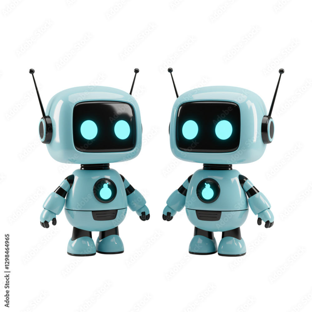 A 3D rendering of two adorable, light blue robots A 3D rendering of two adorable, light blue robots