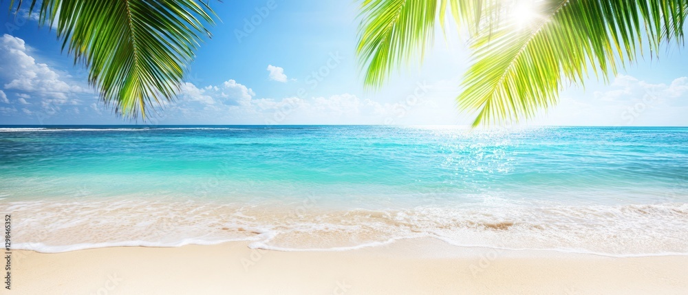 Fototapeta premium Tropical Beach with Palm Fronds and Sunlit Ocean