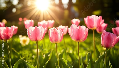 Pink Tulips in Bloom Vibrant Petals Close-Up, Sunny Field, Natural Lighting, Blurred Background