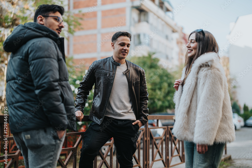 Three friends engage in a lighthearted conversation, enjoying each other's company outdoors in the city. Three friends engage in a lighthearted conversation, enjoying each other's company outdoors in the city.