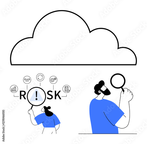 Cloud graphic, person investigating risk with icons, magnifying glass emphasizing details. Ideal for data analysis, risk management, cloud strategy, problem-solving, research, security abstract line