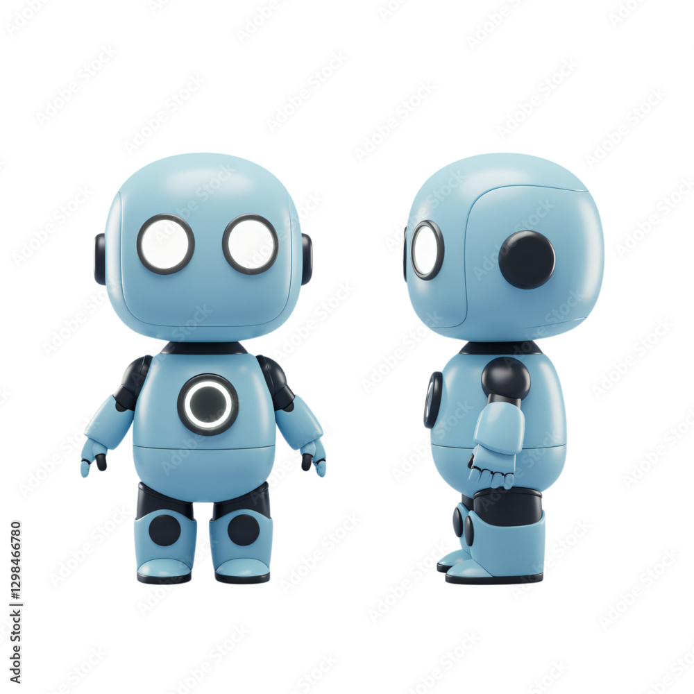 Two views of a friendly, light blue robot character, perfect for technology, education, or children's themes Two views of a friendly, light blue robot character, perfect for technology, education, or children's themes
