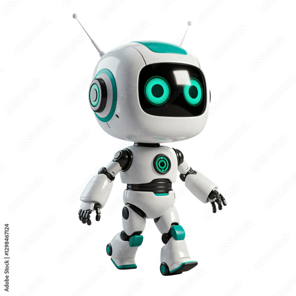 A 3D rendering of a friendly, cartoon robot, in a walking pose A 3D rendering of a friendly, cartoon robot, in a walking pose