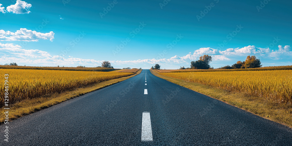 Naklejka premium Corn field skyline with clear blue sky. in the middle there is an asphalt road with white markings. Beautiful landscape, desert. Summer day