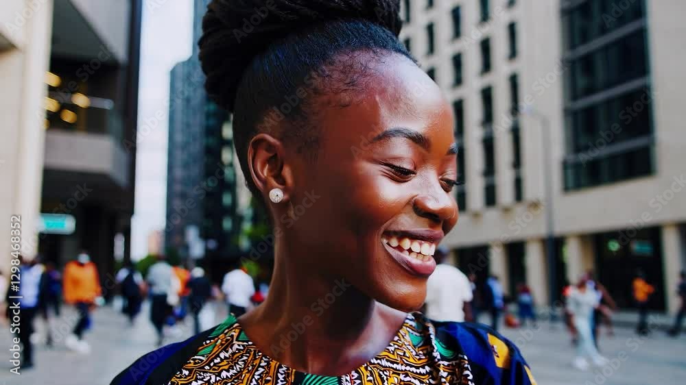 Stylish young professional woman with braided hair smiles confidently amidst the hustle and bustle of a vibrant city street, showcasing a blend of cultural pride and modern living