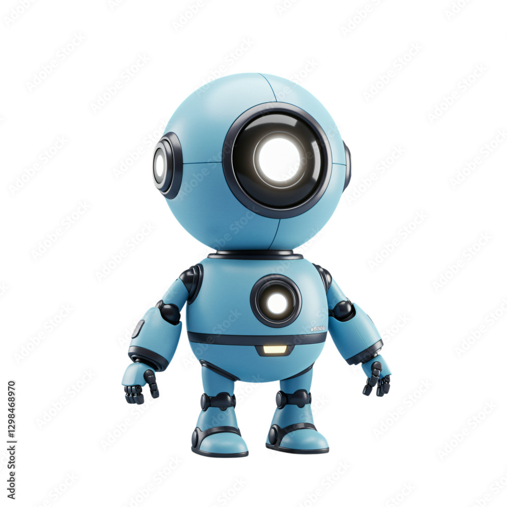 A friendly, light-blue robot character with glowing eyes and detailed metallic design A friendly, light-blue robot character with glowing eyes and detailed metallic design