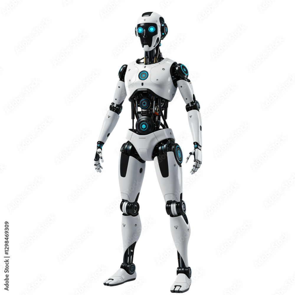 A full shot of a sophisticated white robot, with visible mechanical details and glowing blue accents A full shot of a sophisticated white robot, with visible mechanical details and glowing blue accents
