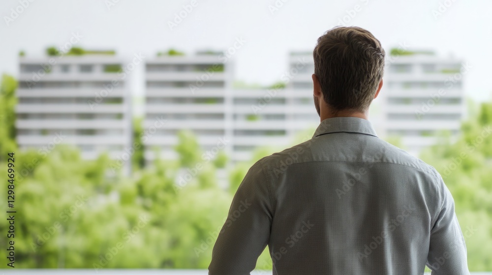 Contemplative figure gazing at modern buildings amidst lush gree Contemplative figure gazing at modern buildings amidst lush gree