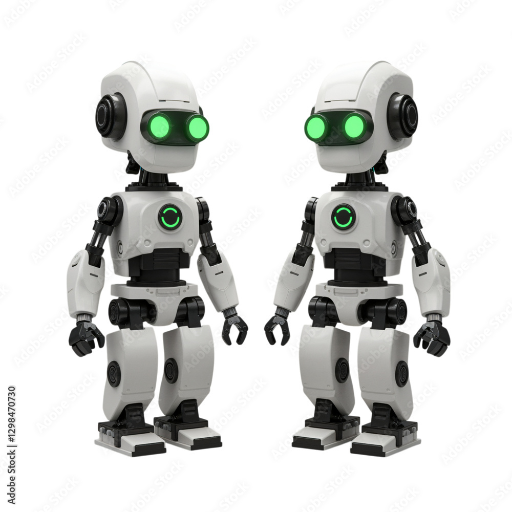 This image showcases two identical, white robots with glowing green eyes This image showcases two identical, white robots with glowing green eyes