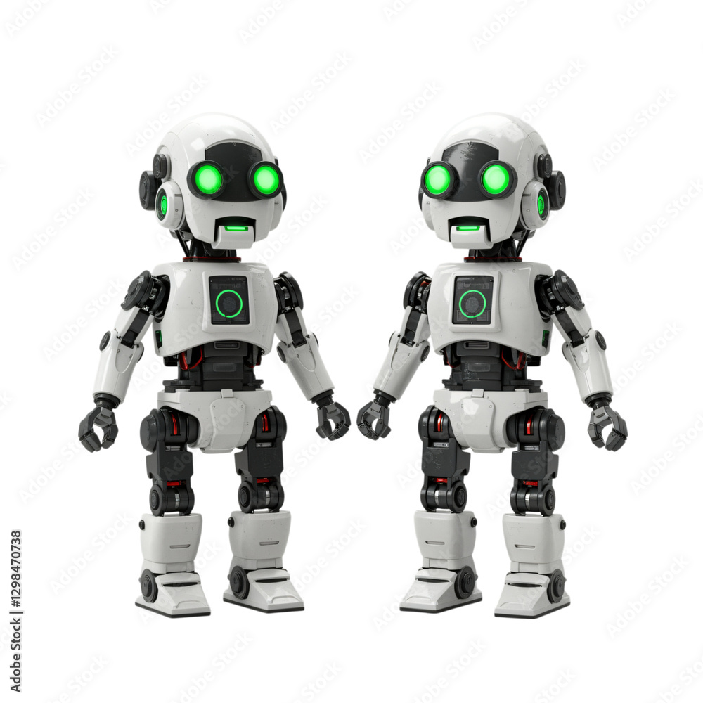 This image features two identical, friendly-looking white robots, with glowing green eyes, standing side-by-side, poised to interact This image features two identical, friendly-looking white robots, with glowing green eyes, standing side-by-side, poised to interact