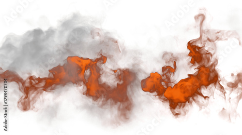 Ashy gray mist smoke with bright orange fire highlights isolated on transparent white background