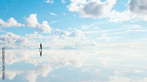 Person walking on reflective surface beneath a blue sky filled with clouds during daytime hours