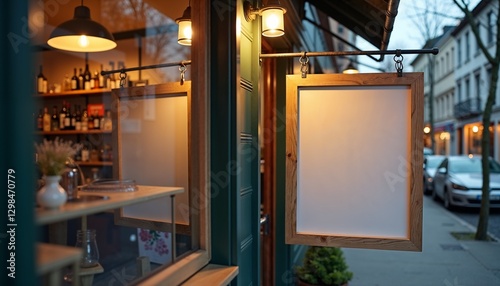 Mockup of a shop or cafe with empty signboard and inviting ambiance during evening