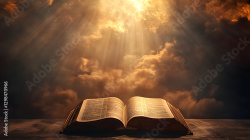 An open Bible with rays of light shining down on it, the background is dark and cloudy
