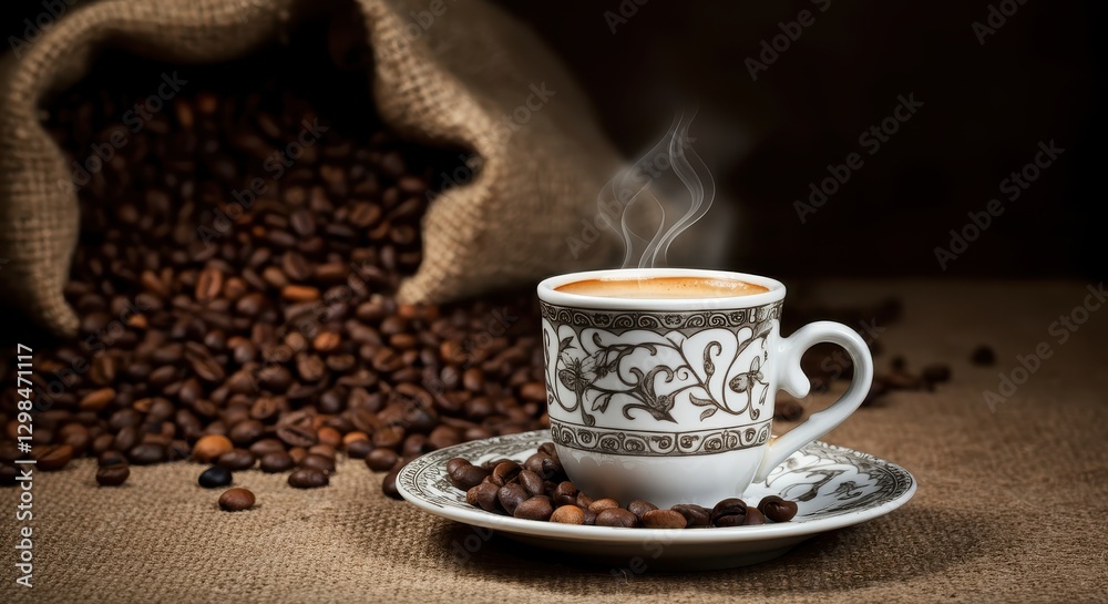 Steaming Cup of Coffee with Scattered Beans, Burlap Sack, and Ornate Cup Steaming Cup of Coffee with Scattered Beans, Burlap Sack, and Ornate Cup