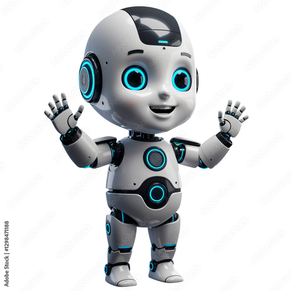 A cheerful, cartoon robot with a friendly expression and raised hands, perfect for technology, education, or children's themes A cheerful, cartoon robot with a friendly expression and raised hands, perfect for technology, education, or children's themes