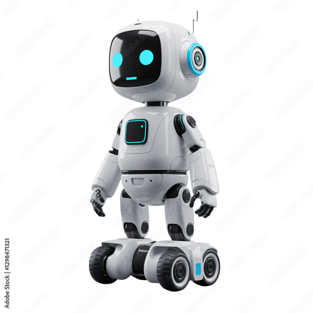 A stylized, friendly-looking white robot with blue eyes stands on a transparent background A stylized, friendly-looking white robot with blue eyes stands on a transparent background